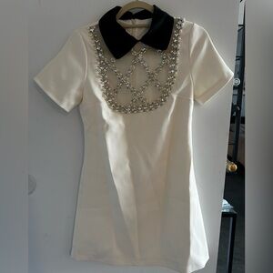 Cream Mini Dress with Black Peter Pan Collar for Wedding Guest